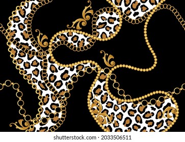 Cadenas doradas sin foco, leopardo con patrón barroco en negro. Ilustración vectorial.
