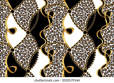 Seamless Golden Chains, Leopard with Baroque Pattern on Black. Vector Illustration.
