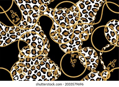 Seamless Golden Chains, Leopard with Baroque Pattern on Black. Vector Illustration.
