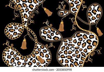Seamless Golden Chains, Leopard with Baroque Pattern on Black. Vector Illustration.
