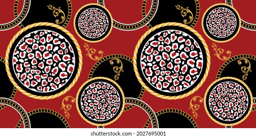 Seamless Golden Chains with Leopard Pattern. Vector design for Fashion Prints and Backgrounds.
