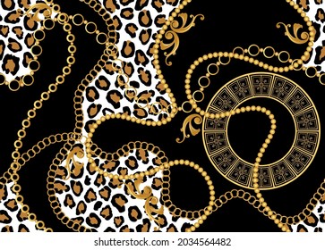 Seamless Golden Chains with Leopard Pattern on Black. Vector Illustration.
