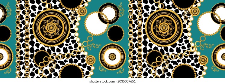 Seamless Golden Chains with Leopard Pattern on Black. Vector Illustration.
