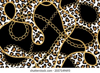 Seamless Golden Chains with Leopard Pattern on Black. Vector Illustration.
