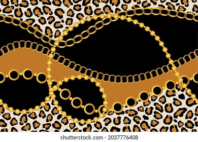 Seamless Golden Chains with Leopard Pattern on Black.Vector Illustration.
