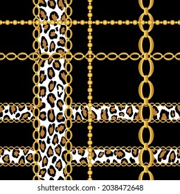 Seamless Golden Chains with Leopard skin Pattern on Black. Vector Illustration.
