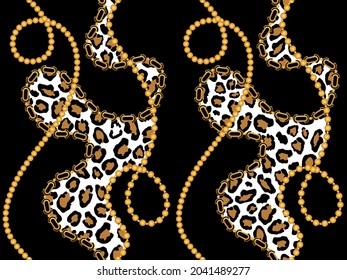 Seamless Golden Chains with Leopard skin on Black. Vector Illustration.
