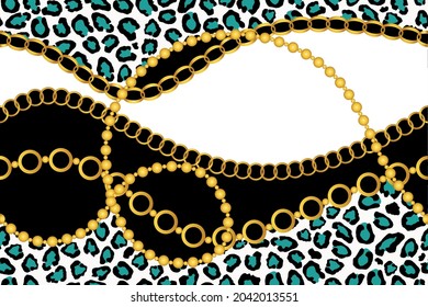 Seamless Golden Chains with Leopard skin on Black. Vector Illustration.
