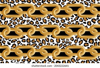 Seamless Golden Chains with Leopard skin on Black. Vector Illustration.
