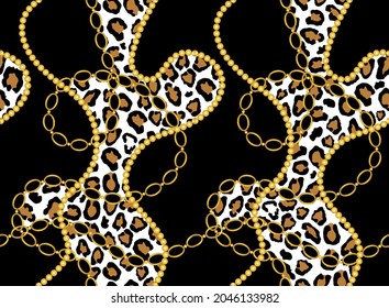 Seamless Golden Chains with Leopard skin on Black.Vector Illustration.
