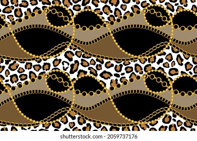 Nahtlose goldene Ketten, leopardenes Hautmuster. Vektorgrafik.