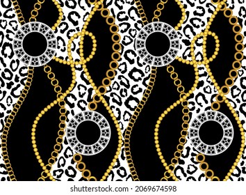 Seamless Golden Chains with Leopard skin Pattern. Vector design for fashion prints and backgrounds.
