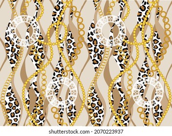 Seamless Golden Chains with Leopard skin Pattern. Vector design for fashion prints and backgrounds.
