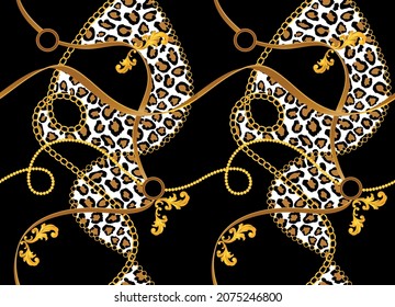 Seamless Golden Chains with Leopard skin Pattern. Vector design for fashion prints and backgrounds.