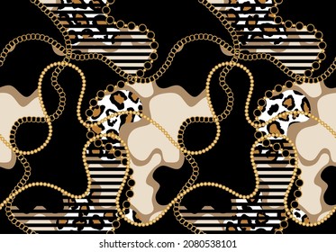 Seamless Golden Chains with Leopard skin Pattern. Vector design for fashion prints and backgrounds