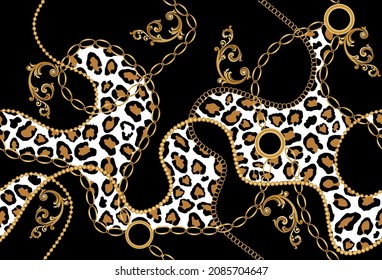 Cadenas doradas sin foco con motivos de piel de leopardo. Diseño de vectores para impresiones y fondos de moda.