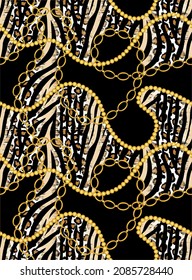 Seamless Golden Chains with Leopard Zebra skin Pattern. Vector design for fashion prints and backgrounds.