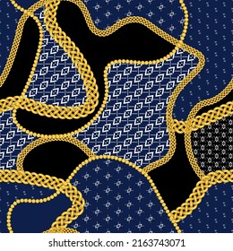 Seamless Golden Chains with monogram Pattern on Black and blue. Vector Illustration. Design for accessories Hijab, kerchief, bandana, fabric, fashion, shawl, and wallpaper