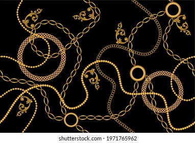 Seamless golden chains pattern on black background. EPS10 Illustration.