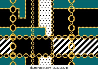 Seamless Golden Chains Pattern on Patchwork. Vector Illustration.

