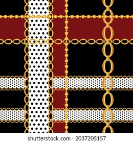 Seamless Golden Chains Pattern on Patchwork. Vector Illustration.
