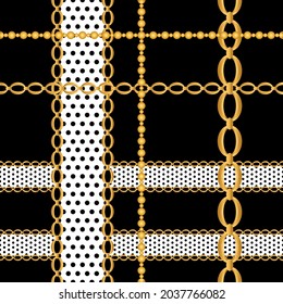 Seamless Golden Chains with Polka dot Pattern on Black. Vector Illustration.
