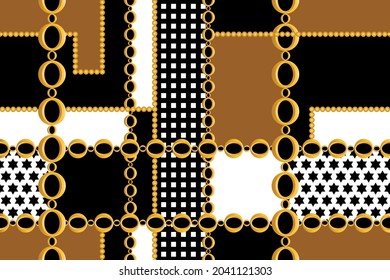 Seamless Golden Chains, Polka dot with Striped Pattern on Black. Vector Illustration.

