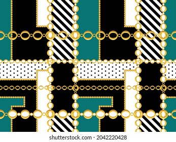 Seamless Golden Chains, Polka dot with Striped Pattern on Black. Vector Illustration.
