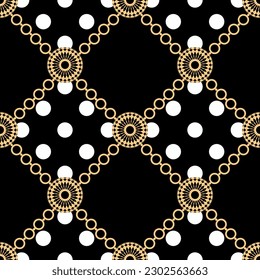 Seamless golden chains with polka dot pattern. Vector Illustration.
