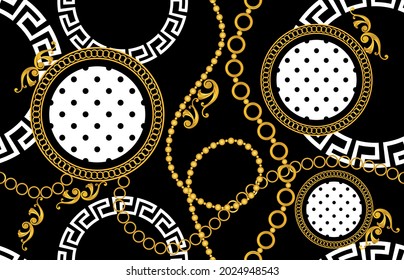 Seamless Golden Chains with Polka  dots Pattern. Vector design for Fashion Prints and Backgrounds.
