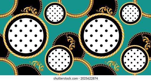 Seamless Golden Chains with Polka  dots Pattern. Vector design for Fashion Prints and Backgrounds.
