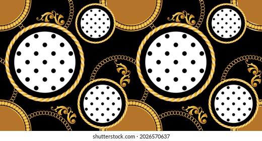 Seamless Golden Chains with Polka  dots Pattern. Vector design for Fashion Prints and Backgrounds.
