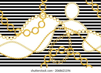 Seamless Golden Chains with Striped Pattern.  Vector design for fashion prints and backgrounds.
