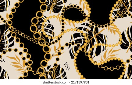 Seamless golden chains with tropical leaves. Vector Illustration.