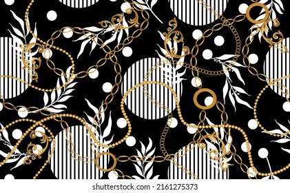 Seamless golden chains with tropical pattern. Vector Illustration.