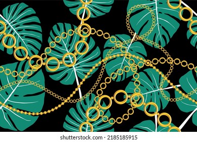 Seamless golden chains with tropical pattern. Vector Illustration.