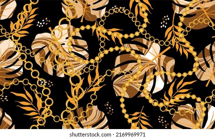 Cadenas doradas impecables con tropicales. Ilustración vectorial.