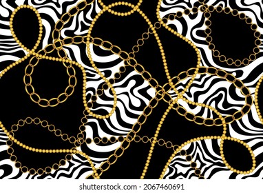 Nahtlose Goldene Ketten mit Wavy Linie auf Schwarz.  Vektordesign für Modedrucke und Hintergründe.
