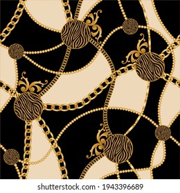 Seamless Golden Chains with Zebra Pattern. Vector design for Fashion Prints and Backgrounds.