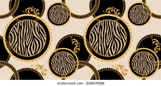 Seamless Golden Chains with Zebra Pattern. Vector design for Fashion Prints and Backgrounds.
