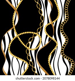 Seamless Golden Chains with Zebra Pattern. Vector design for fashion prints and backgrounds.