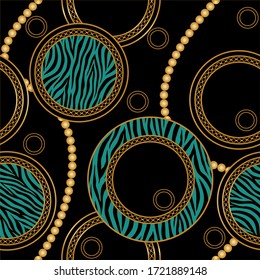 Seamless Golden Chains with Zebra Pattern.Vector design for Fashion Prints and Backgrounds.