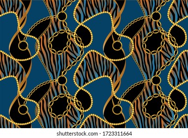 Seamless Golden Chains with Zebra Pattern.Vector design for Fashion Prints and Backgrounds.