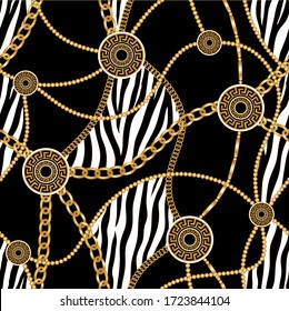 Seamless Golden Chains with Zebra Pattern.Vector design for Fashion Prints and Backgrounds.