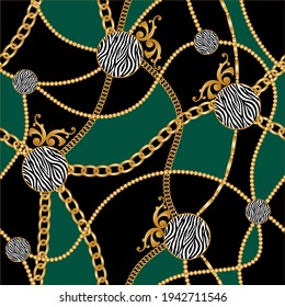Seamless Golden Chains with Zebra Pattern.Vector design for Fashion Prints and Backgrounds.
