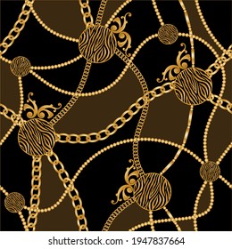 Seamless golden chains with zebra pattern.Vector design patch for print and backgrounds.