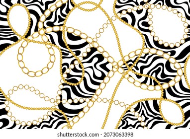 Seamless Golden Chains with Zebra skin Pattern. Vector design for fashion prints and backgrounds.