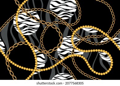 Seamless Golden Chains with Zebra skin Pattern. Vector design for fashion prints and backgrounds.
