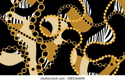Seamless Golden Chains with Zebra skin Pattern. Vector design for fashion prints and backgrounds.