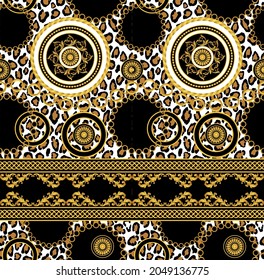 Seamless Golden Chains,Leopard skin, Baroque Pattern. Vector design for fashion prints and backgrounds.
